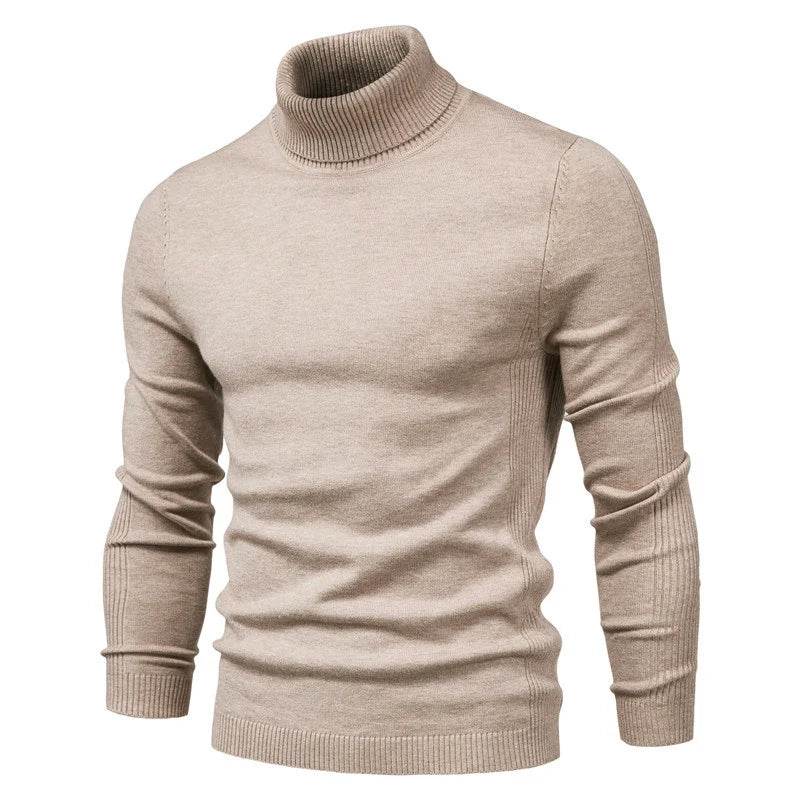 Men's Solid Color Pullover Sweater - High Neck Casual Knitwear - Buy Center