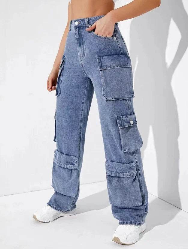 Trendy Women's High Waist Cargo Jeans - Distressed Denim Streetwear - Buy Center