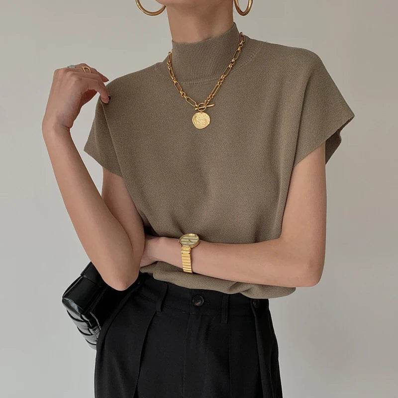 Stylish Turtleneck Short Sleeve Sweater - Casual Women Tops 2024 - Buy Center