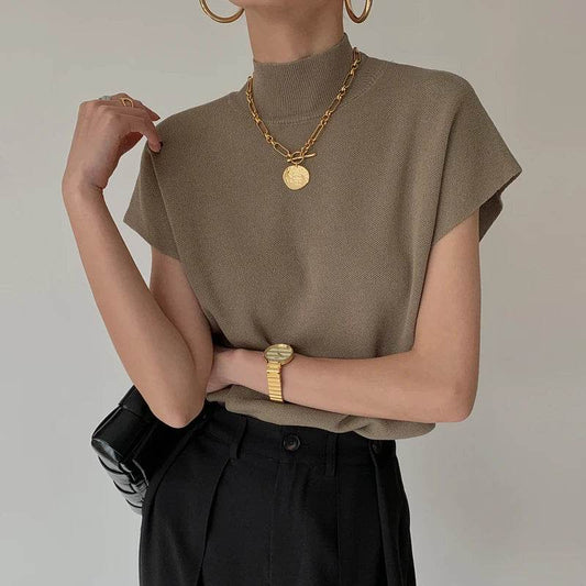 Stylish Turtleneck Short Sleeve Sweater - Casual Women Tops 2024 - Buy Center