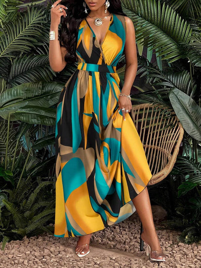 Tropical Print V-Neck Maxi Dress - Women's Fit and Flare Spring Style - Buy Center