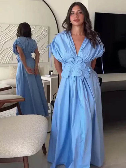 Elegant Blue V-Neck Long Dress - Waist-Fitted Bow Decor for Women - Buy Center