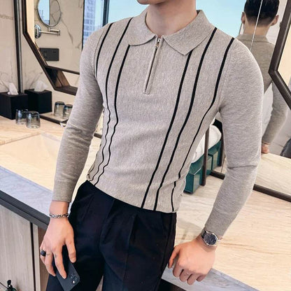 2024 Autumn Winter New Striped Sweater For Men Fashion Zipper Flip Collar Knitted Polo Shirt Men's Long Sleeve Slim Casual Pull - Buy Center