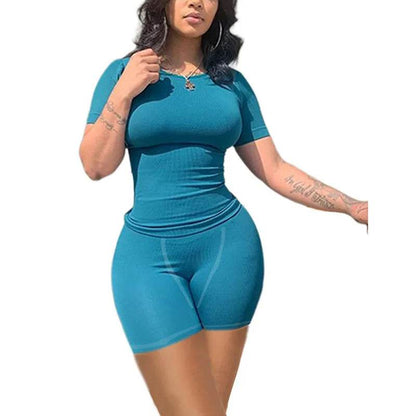 Women's Casual Ribbed 2 Piece Summer Shorts Set - Short Sleeve Top - Buy Center