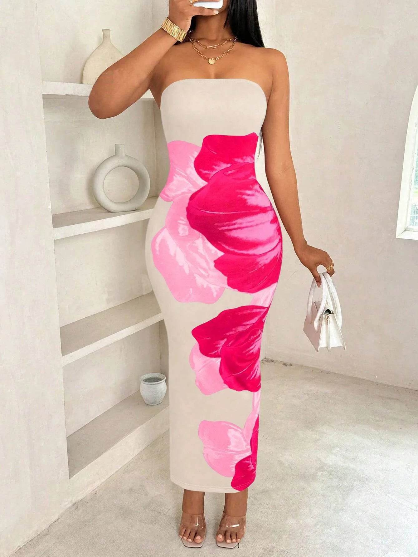 Women's Elegant Slim-Fit Long Dress - Strapless, Print Design - Buy Center