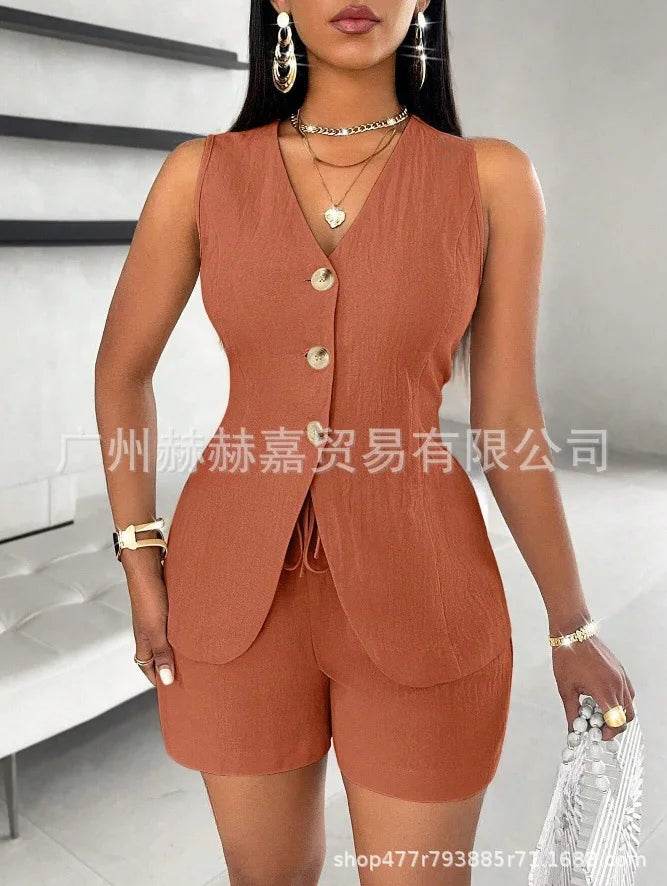 Stylish Women's V-neck Shorts Set - Solid Color, Sleeveless Design - Buy Center