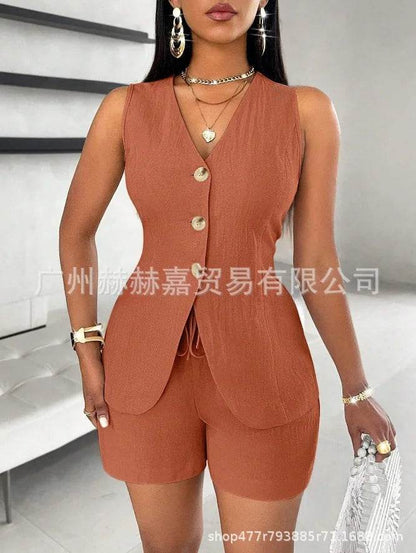 Stylish Women's V-neck Shorts Set - Solid Color, Sleeveless Design - Buy Center