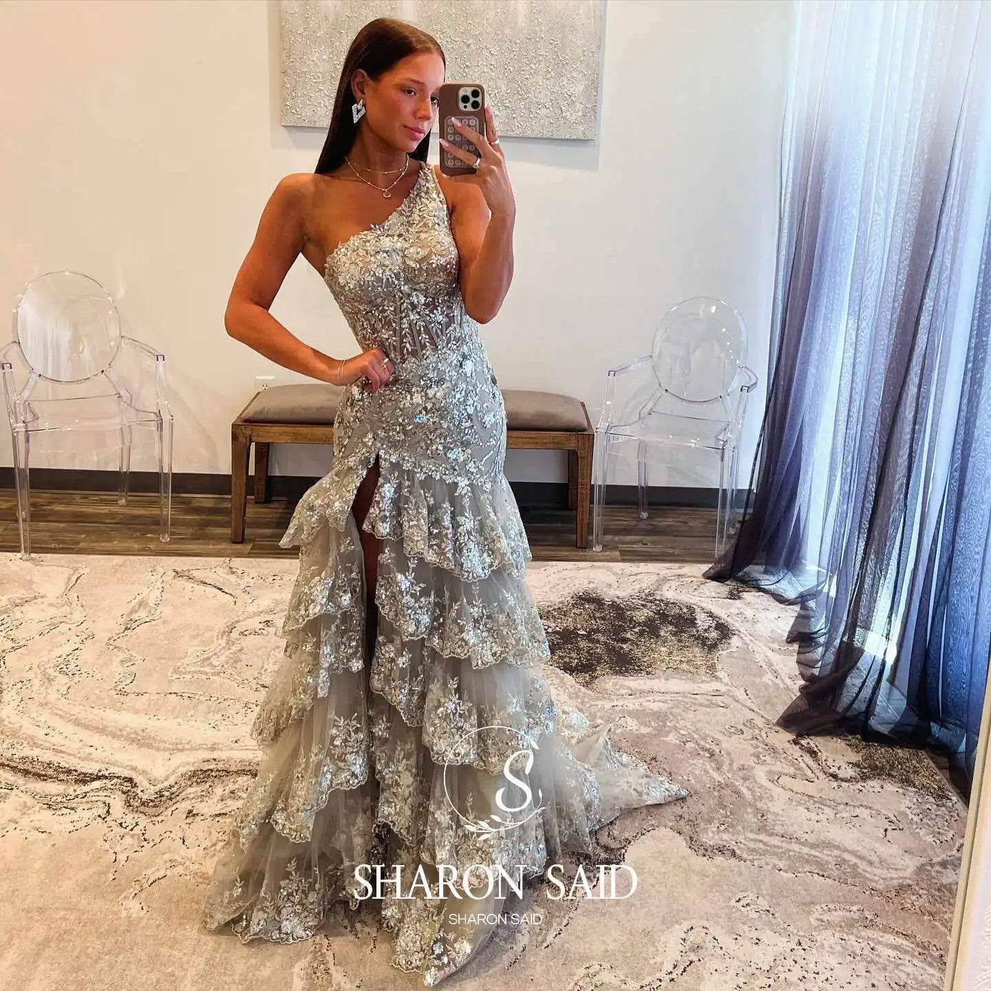 Sharon Said Sequin Evening Dress - One-Shoulder Gown with High Slit - Buy Center