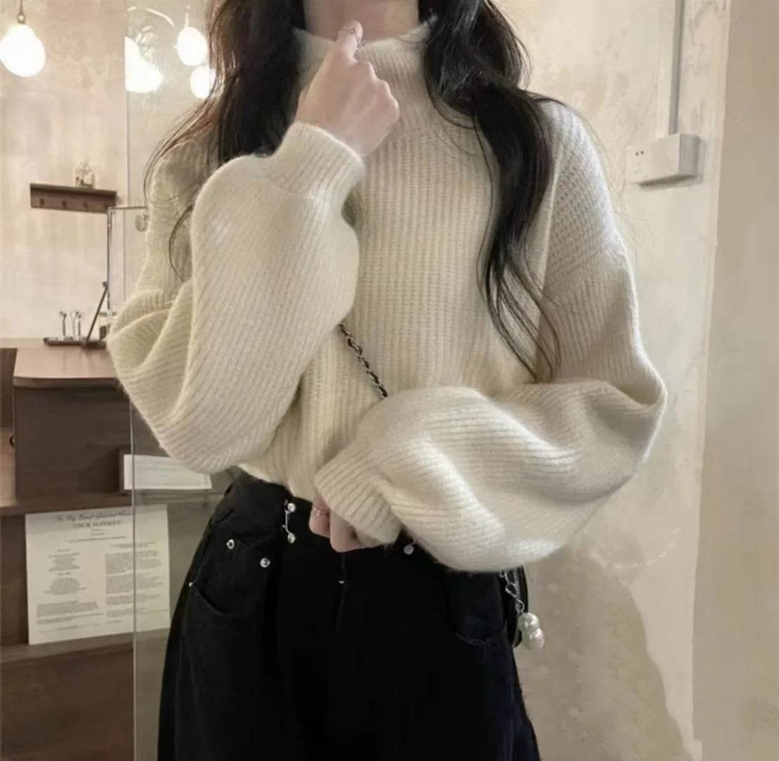 FIGOHR Women's Ribbed Turtleneck Pullover - Lantern Sleeve Sweater - Buy Center