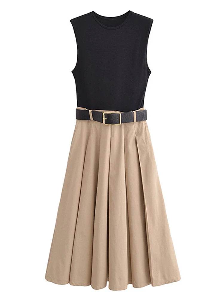 Chic Patchwork Pleated Maxi Dress - High Waist Sleeveless Style - Buy Center