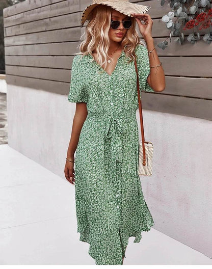 Bohemian Floral Print Midi Dress - Short Sleeve V-Neck Women's Wear - Buy Center