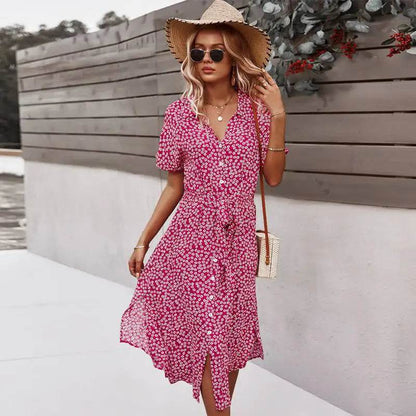 Bohemian Floral Print Midi Dress - Short Sleeve V-Neck Women's Wear - Buy Center