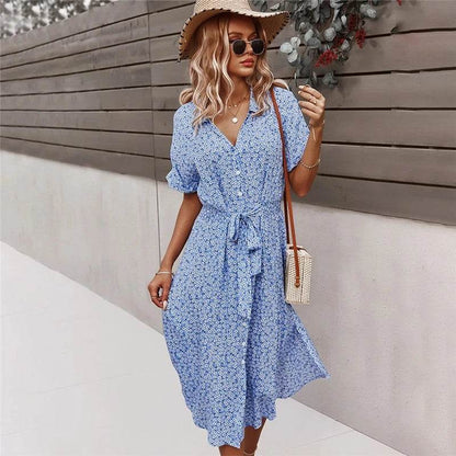 Bohemian Floral Print Midi Dress - Short Sleeve V-Neck Women's Wear - Buy Center