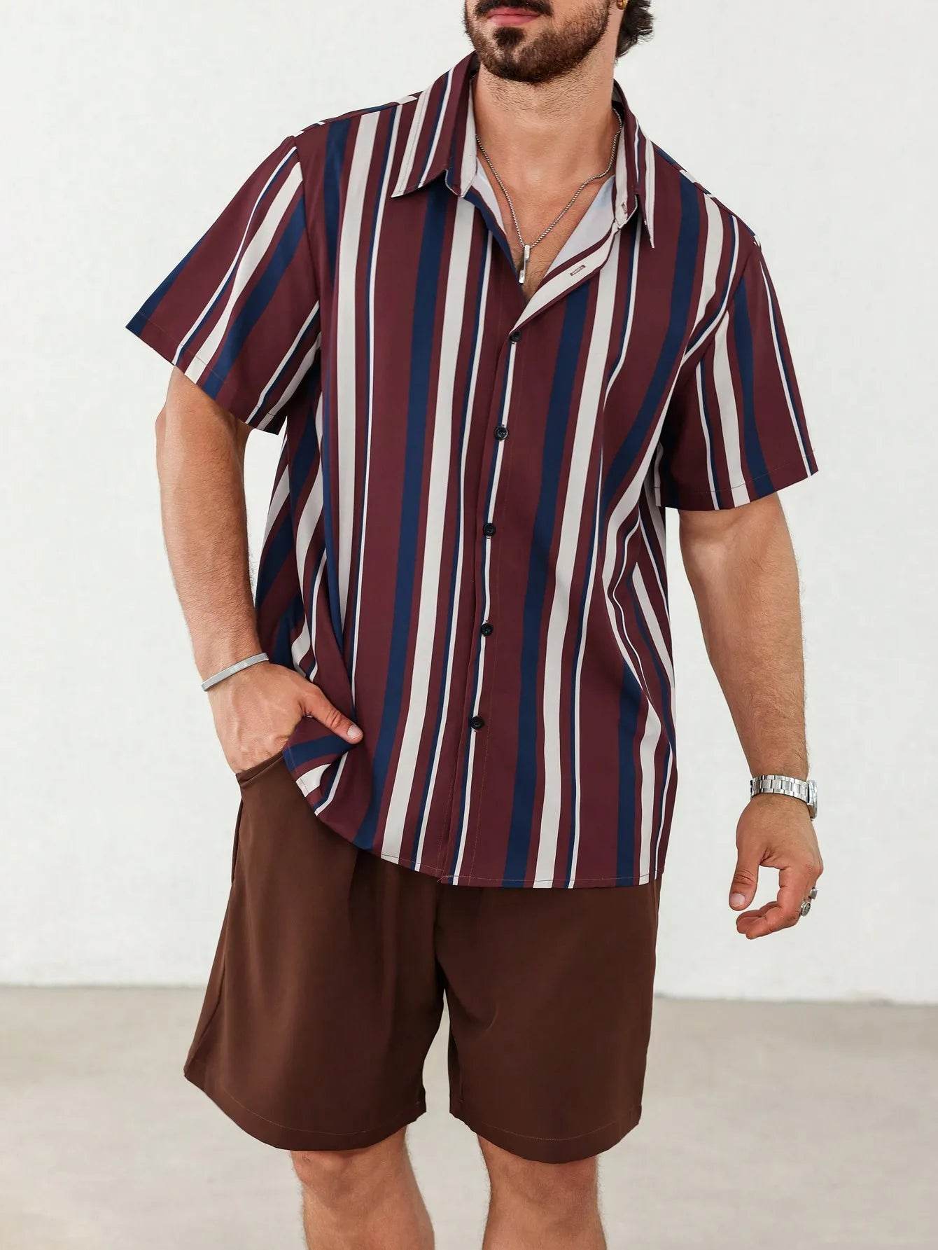 Men's Summer Stripe 3D Print Shirt & Drawstring Shorts Set - Buy Center