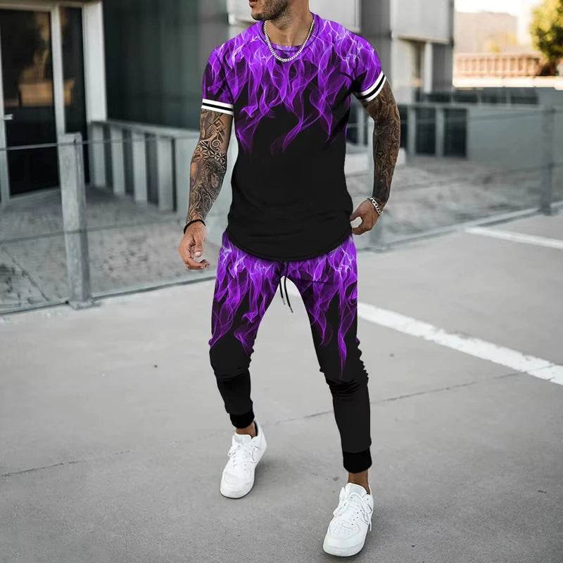 Flame 3D Printed Casual Summer Set - Short Sleeve T-Shirt & Pants - Buy Center