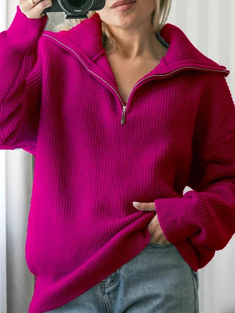 Casual Women's Turtleneck Sweater - Zipper Design, Loose Fit - Buy Center