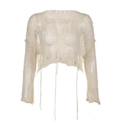 Chic Hollow Out Knit Sweater - Women's Grunge Slash Neck Pullover - Buy Center
