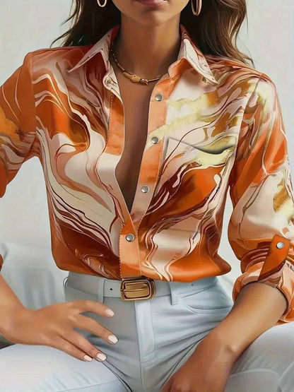Women's Casual Print V-Neck Button Shirt - Loose Sleeve Blouse - Buy Center