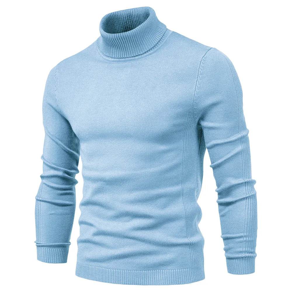 Men's Solid Color Pullover Sweater - High Neck Casual Knitwear - Buy Center