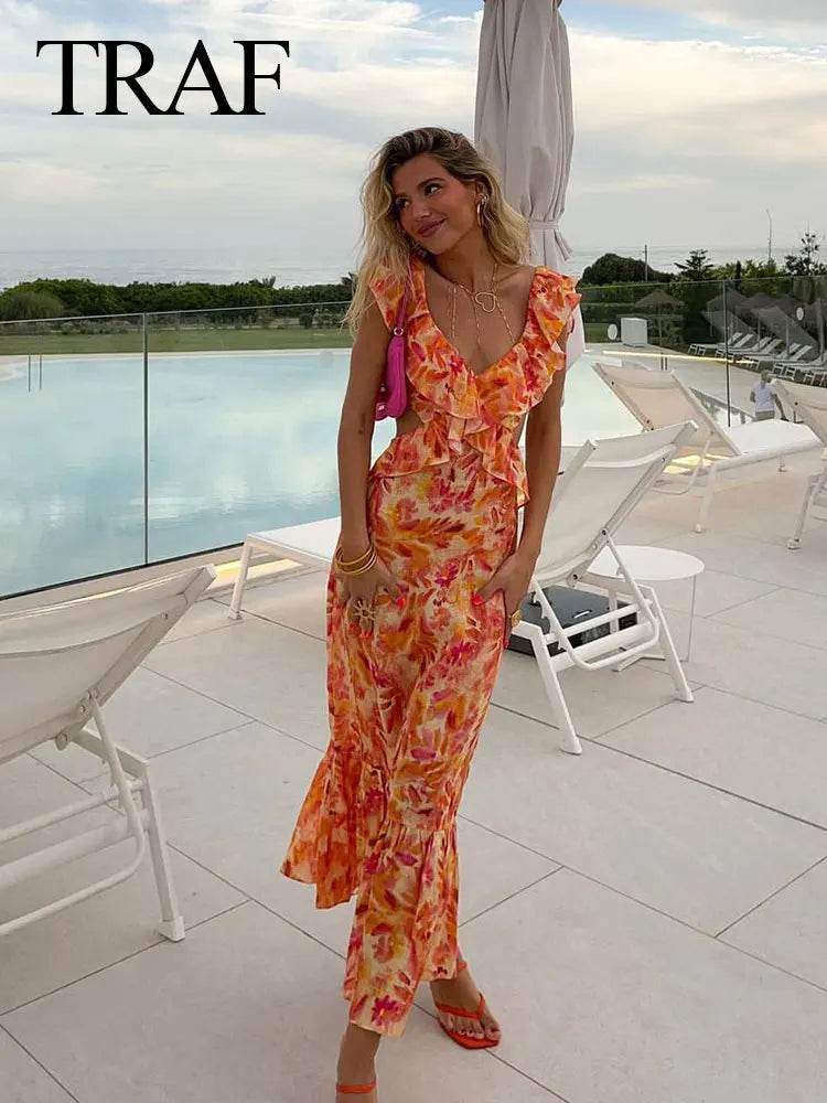 TRAFZA Women's Summer V-Neck Ruffle Print Backless Dress - Buy Center