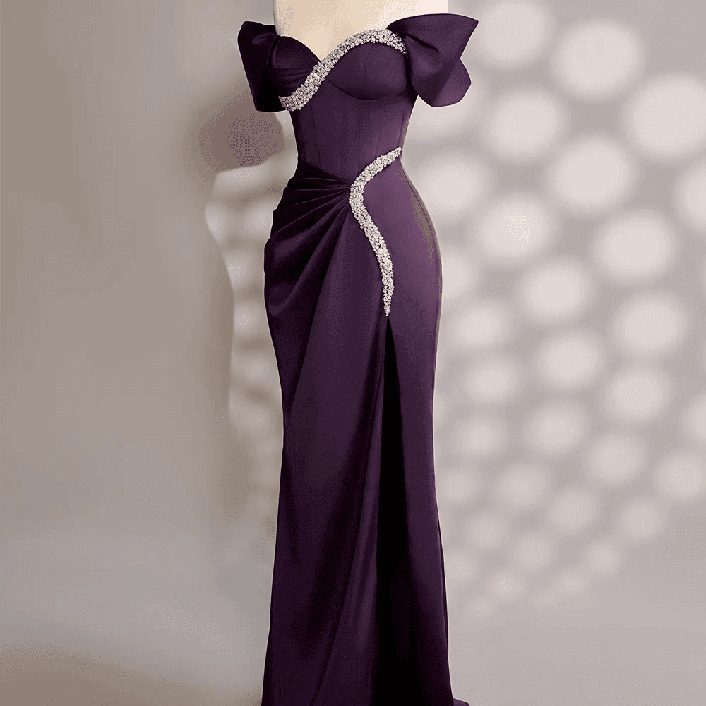 Custom Purple Satin Off-Shoulder Evening Dress with Crystal Décor - Buy Center