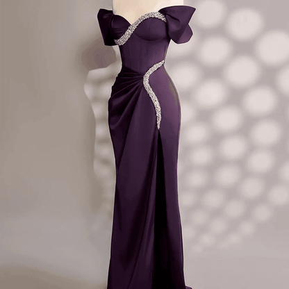 Custom Purple Satin Off-Shoulder Evening Dress with Crystal Décor - Buy Center