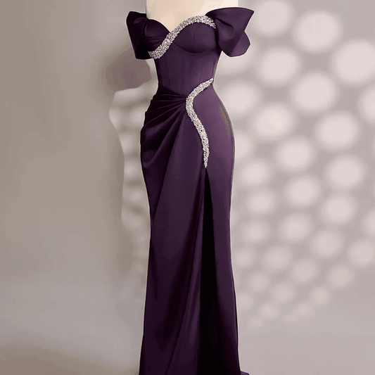 Custom Purple Satin Off-Shoulder Evening Dress with Crystal Décor - Buy Center