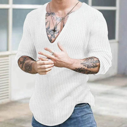 Men's V-Neck Casual Sweater - Autumn Winter Solid Color Knitted Pullover - Buy Center
