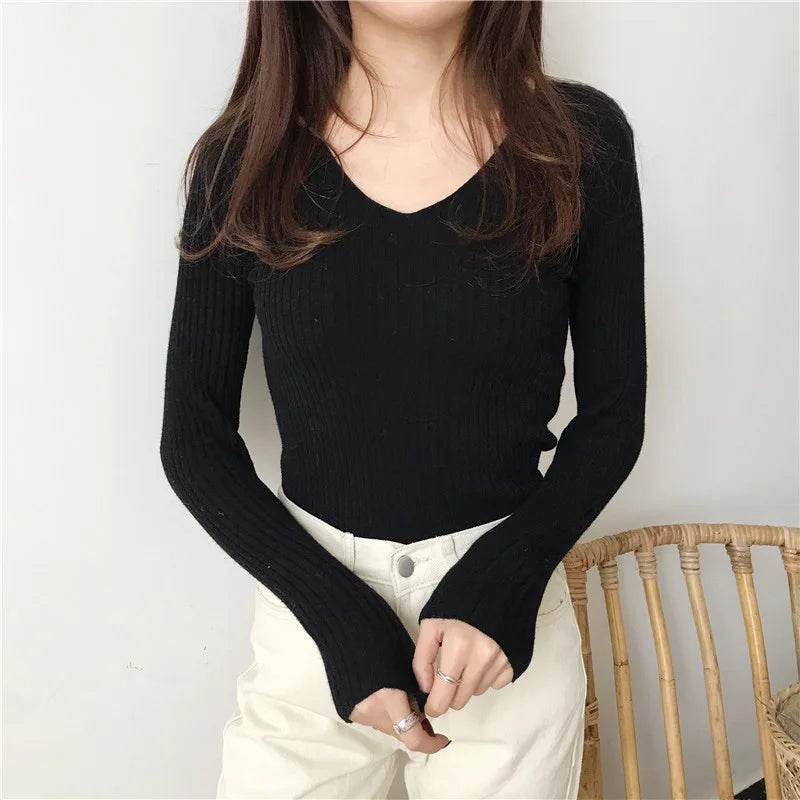Korean Autumn V Neck Sweater - Slim Fit Knitted Pullover for Women - Buy Center