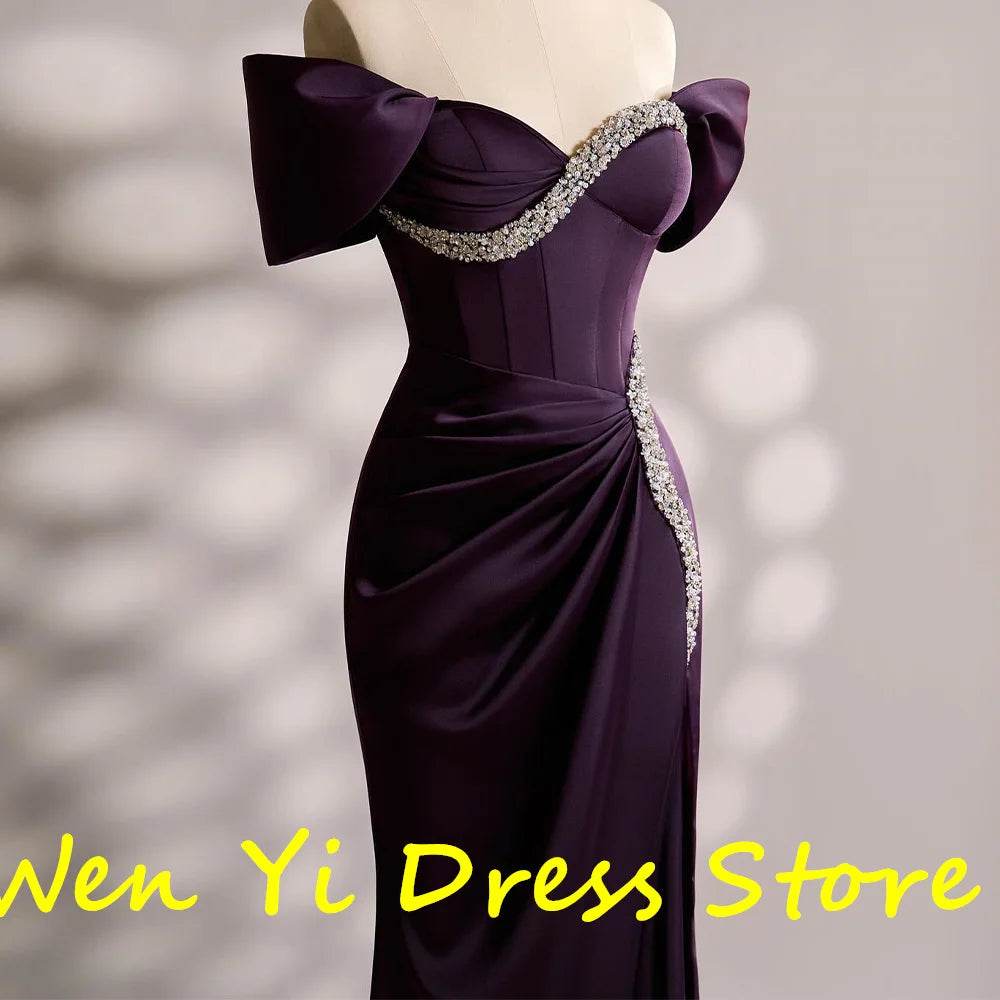 Customized Satin Off-The-Shoulder Evening Dress - Classic Purple & Crystal - Buy Center
