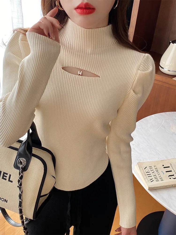 AOSSVIAO Turtleneck Sweater for Women - Hollow-out Ribbed Pullover - Buy Center