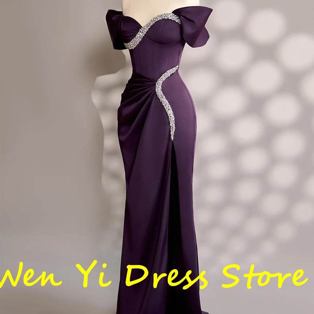 Custom Purple Satin Off-Shoulder Evening Dress with Crystal Décor - Buy Center