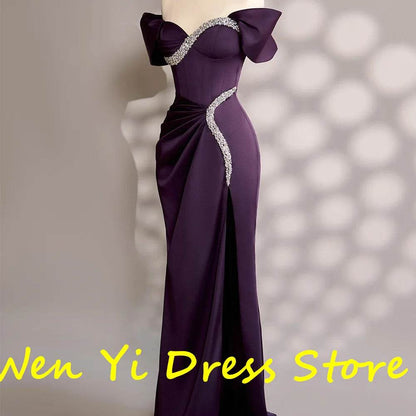 Customized Satin Off-The-Shoulder Evening Dress - Classic Purple & Crystal - Buy Center
