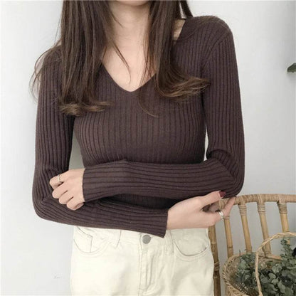 Korean Autumn V Neck Sweater - Slim Fit Knitted Pullover for Women - Buy Center