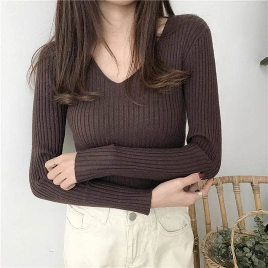 Korean Autumn V Neck Sweater - Slim Fit Knitted Pullover for Women - Buy Center