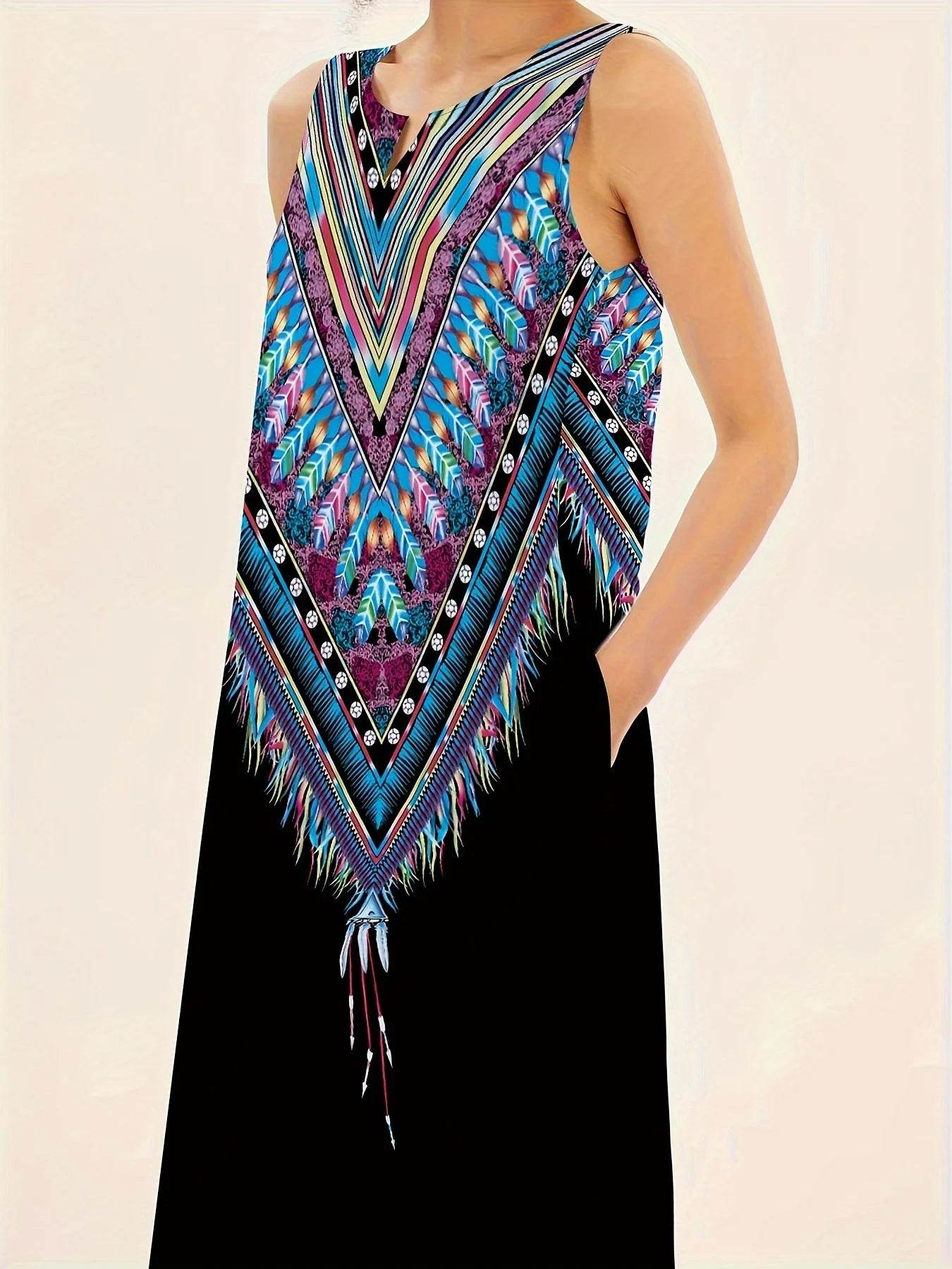 Women's Plus-Size Casual Dress - Elegant V-Neck Feather Print - Buy Center