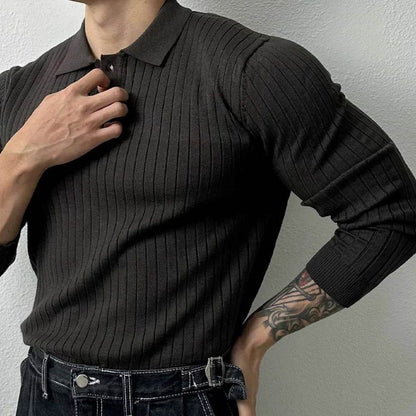 Mens Pullover Polo Korean Retro Stripe Temperament Ribbed Knit Top Autumn Slim Fit Long Sleeve Casual Trend Muscle Men's Clothes - Buy Center