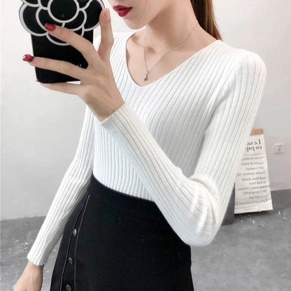 Korean Autumn V Neck Sweater - Slim Fit Knitted Pullover for Women - Buy Center