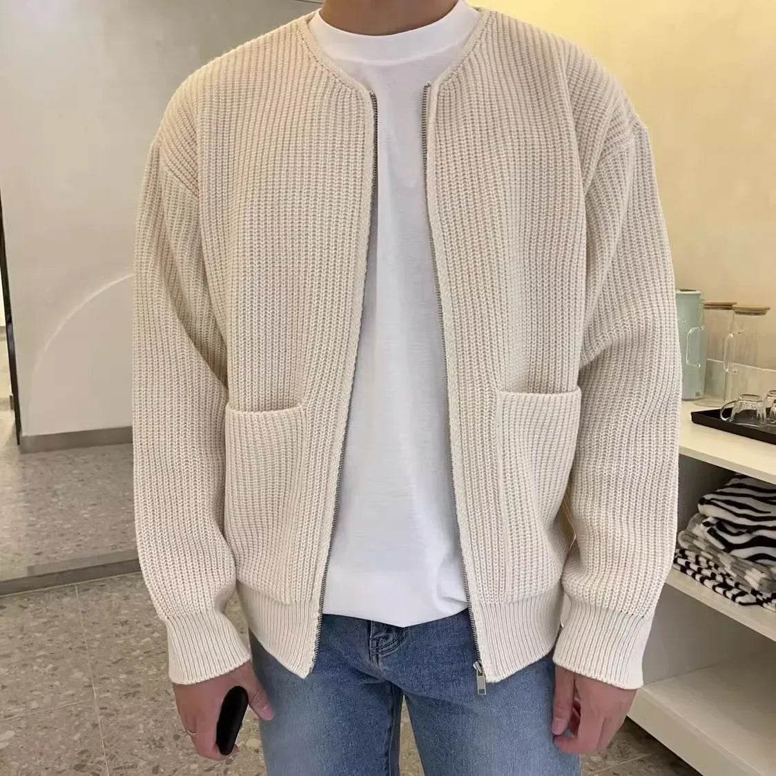 Comfortable Men's Zip Up Knitted Cardigan - Thick Long Sleeve Jumper - Buy Center