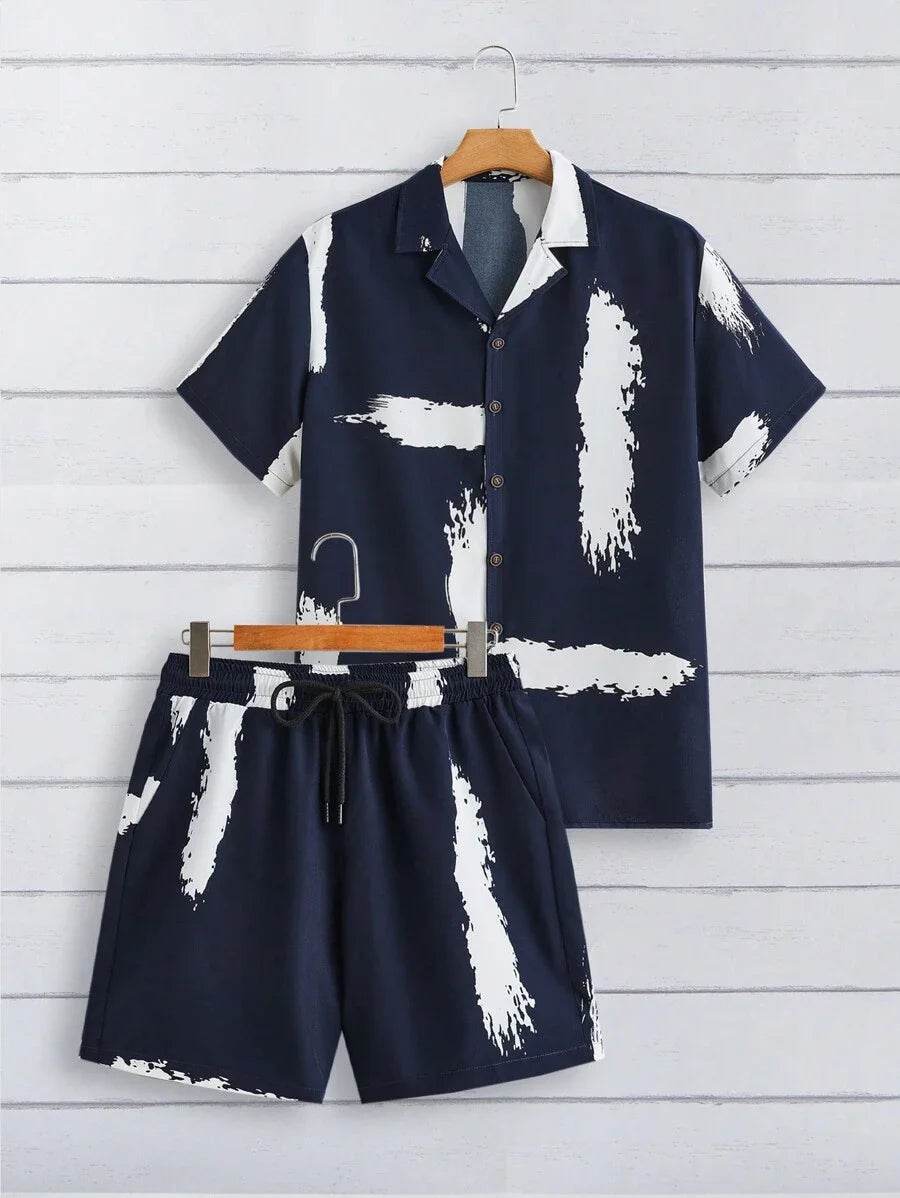 Men's Summer Stripe 3D Print Shirt & Drawstring Shorts Set - Buy Center