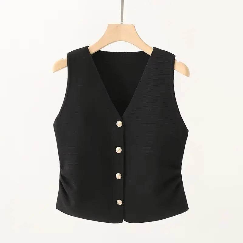 Fictitni Women's Gold Button Front Vest - Chic Spring Summer Style - Buy Center