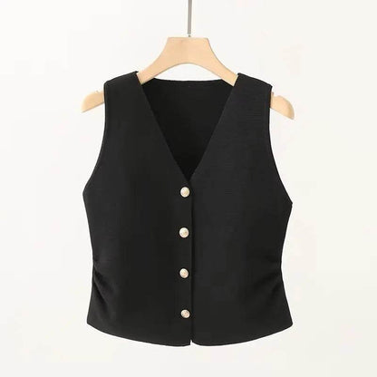 Fictitni Women's Gold Button Front Vest - Chic Spring Summer Style - Buy Center
