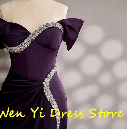 Custom Purple Satin Off-Shoulder Evening Dress with Crystal Décor - Buy Center