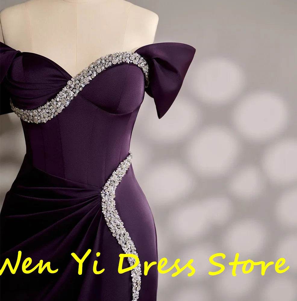 Customized Satin Off-The-Shoulder Evening Dress - Classic Purple & Crystal - Buy Center