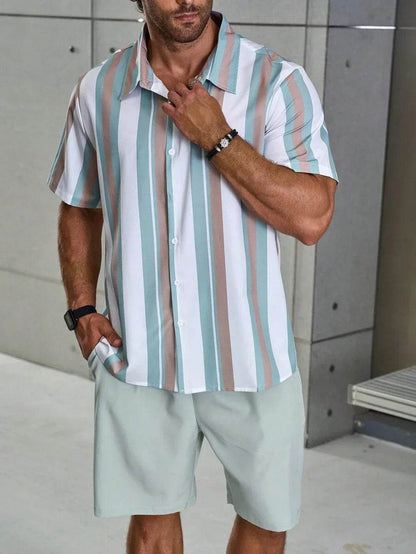 Men's Summer Stripe 3D Print Shirt & Drawstring Shorts Set - Buy Center
