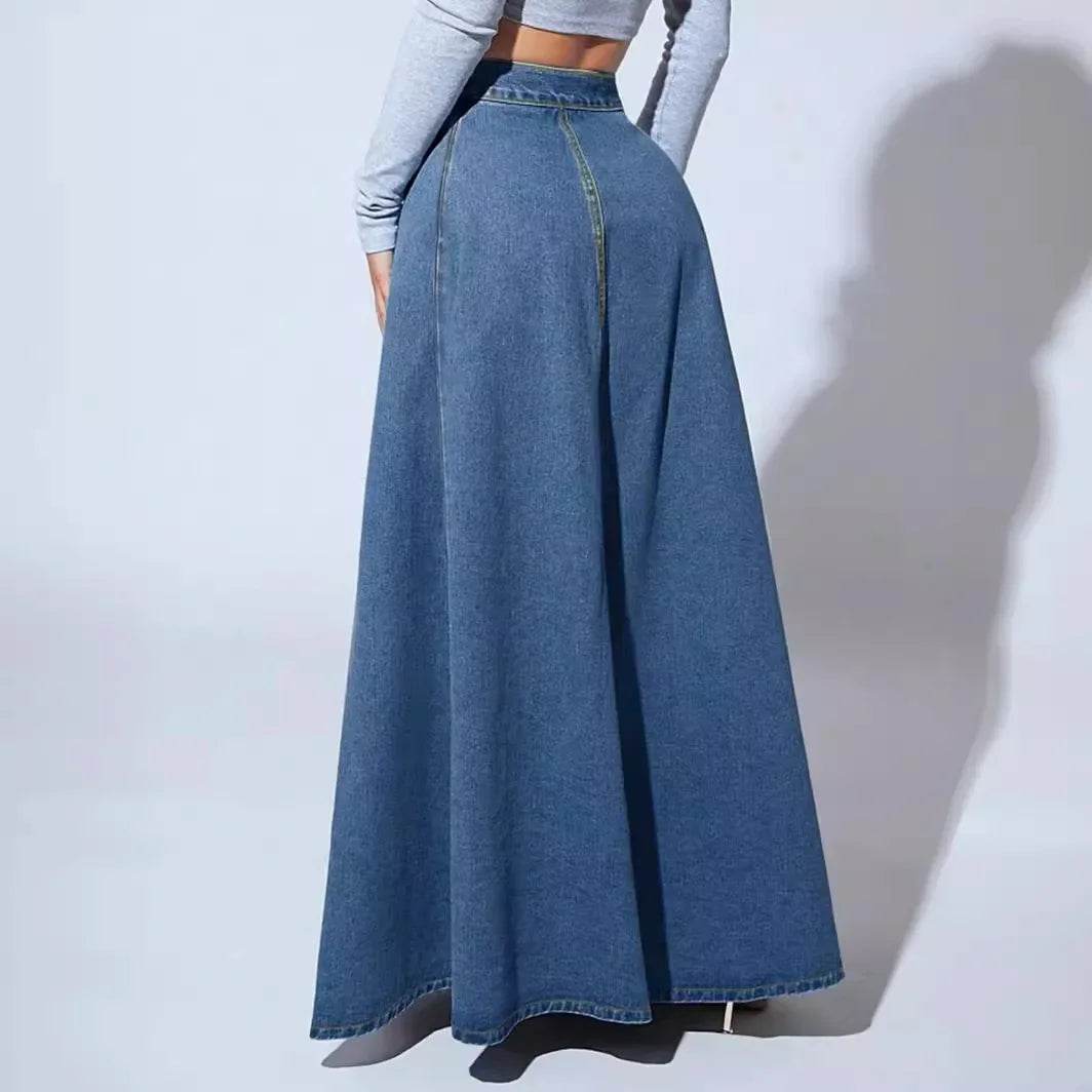 Kalenmos Women's A-Line Denim Maxi Skirt - Casual Vintage Style - Buy Center
