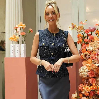 TRAF Women's Sequin Sleeveless Vest - Vintage Button Outerwear - Buy Center