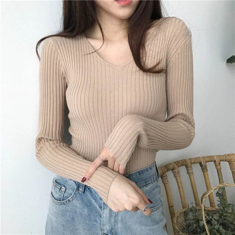 Korean Autumn V Neck Sweater - Slim Fit Knitted Pullover for Women - Buy Center