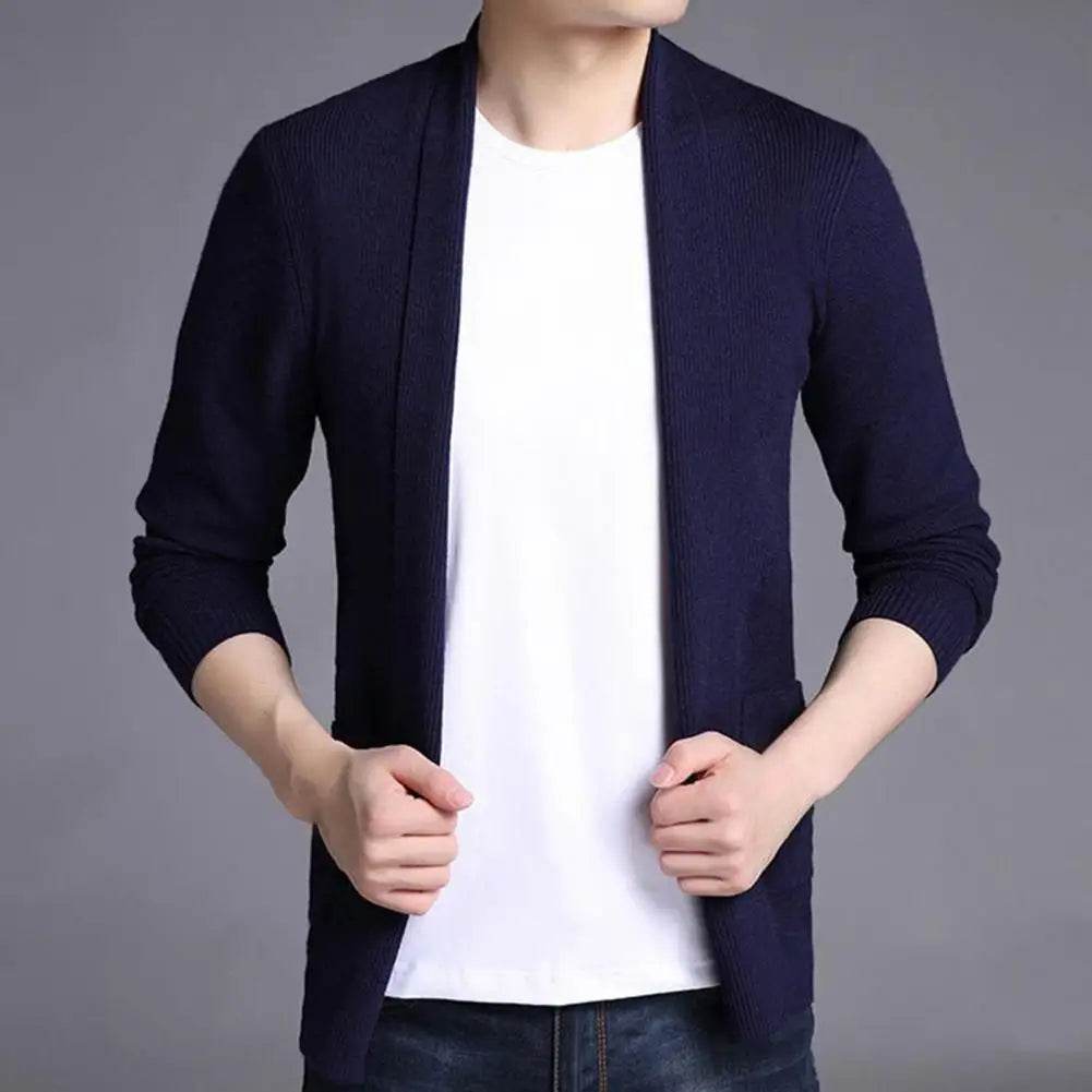 Soft Warm Men’s Cardigan - Solid Color Stretchy Open Stitch Sweater - Buy Center