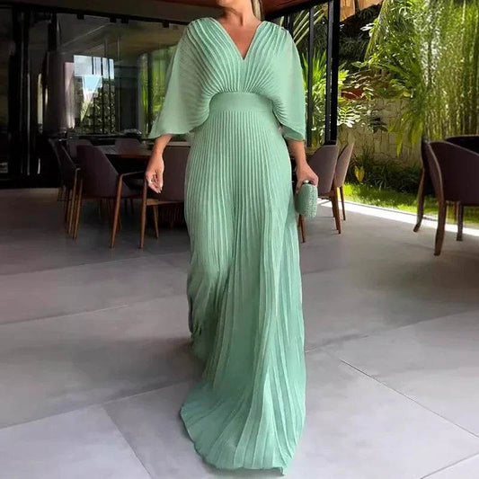 Elegant Women's V-Neck Robe Dress - Casual 3/4 Sleeves, Pleated - Buy Center